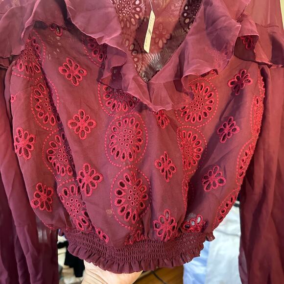 NWT Free people Life's A Party Blouse Wine‎ Red Burgundy Size XS Lace Sheer - Picture 10 of 13